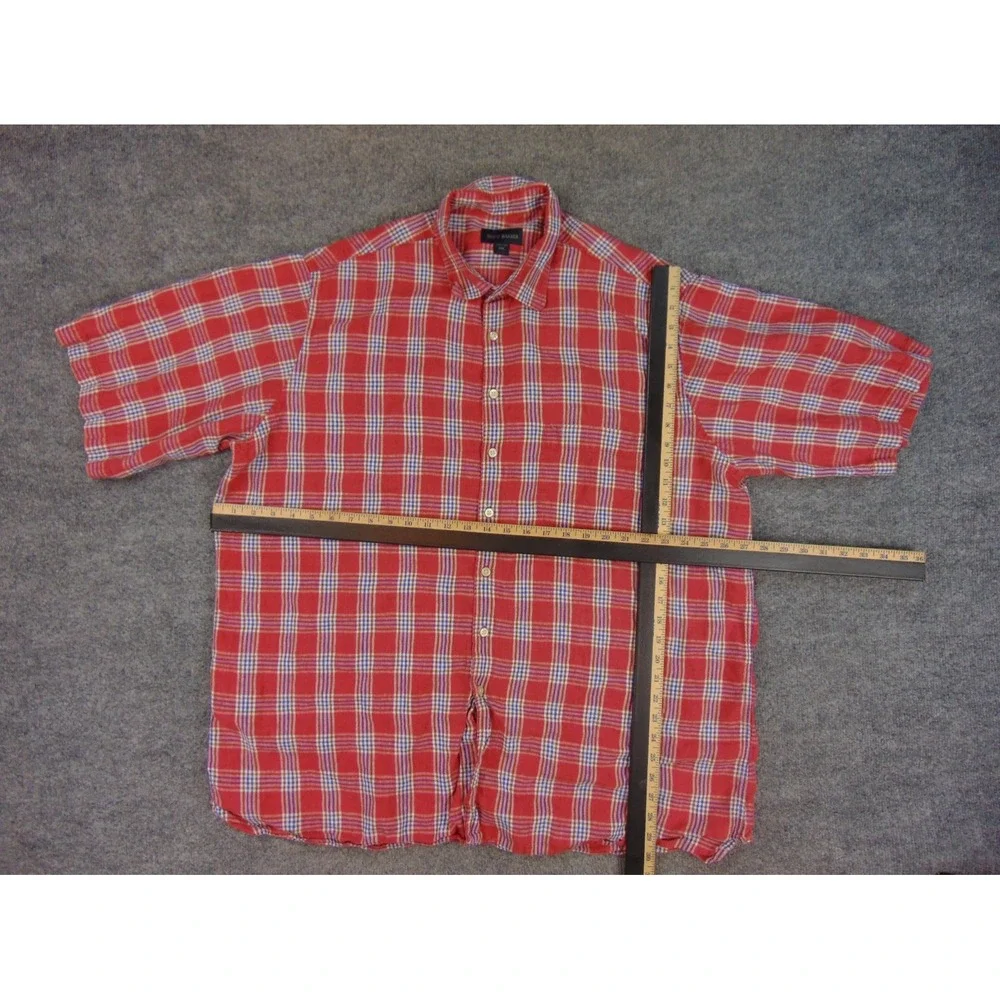 Scott Barber Shirt Mens 2XL Short Sleeve Red Plaid 100% Linen Button Up Summer‎